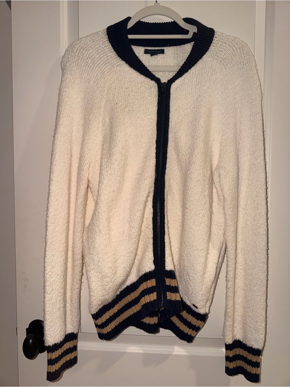Tommy Hilfiger Cream Zip Cardigan with Navy & Tan Stripes
